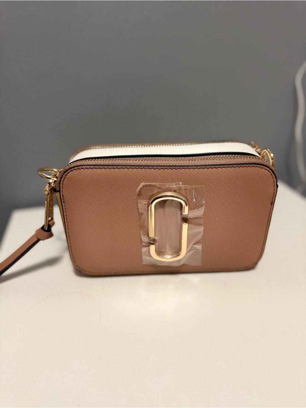Marc Jacobs Tan and White Double-J Crossbody Camera Bag